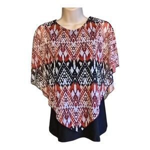 ✨Vibe Sportswear Petite Medium Sheer Poncho Blouse Red Black Boho Overlay Top PM